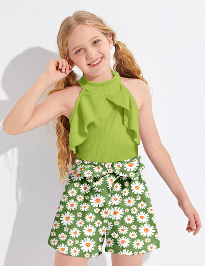 MIGU Girls Clothes Summer Halter Neck Ruffle Sleeveless Top Fashion Cute Floral Belt Shorts Two Piece Outfit Set Size 6-12
