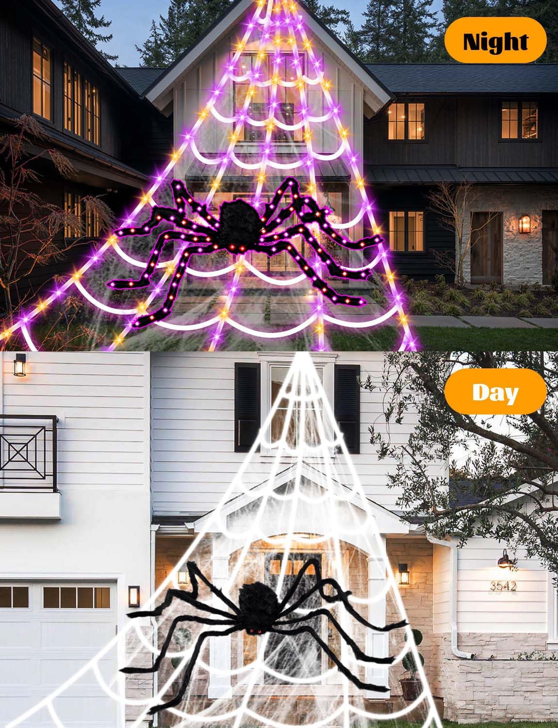 Spider Webs Halloween Decorations Lights - 250 LEDs Outdoor Halloween String Lights with 60" Light Up Spider,8 Modes Remote Control 16.4Ft Spiderweb,Waterproof (Orange+Purple)