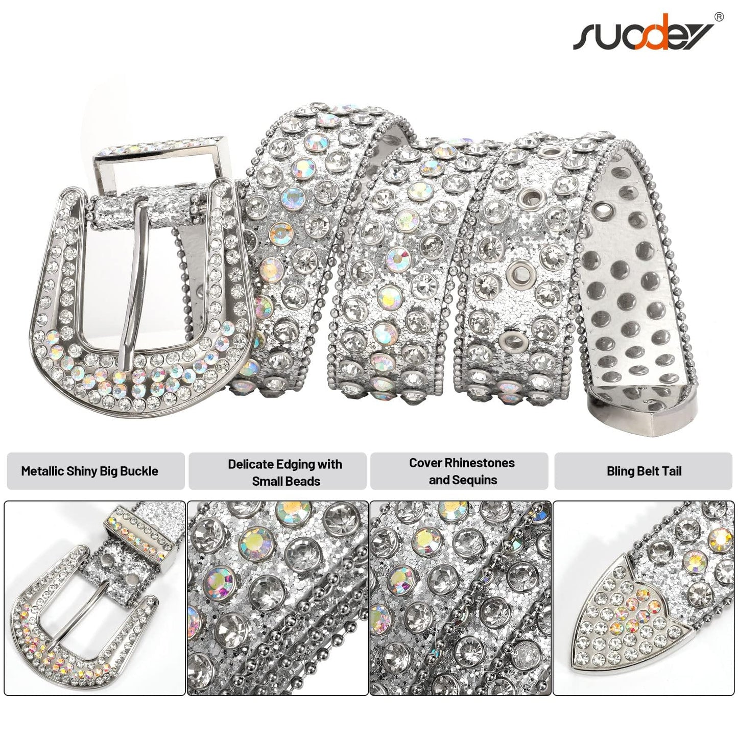 SUOSDEY Rhinestone Belt Unisex Sequin Strap Bling Crystal Western Studs Glitter Luxury Belt for Jeans Pants Dress