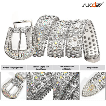 SUOSDEY Rhinestone Belt Unisex Sequin Strap Bling Crystal Western Studs Glitter Luxury Belt for Jeans Pants Dress