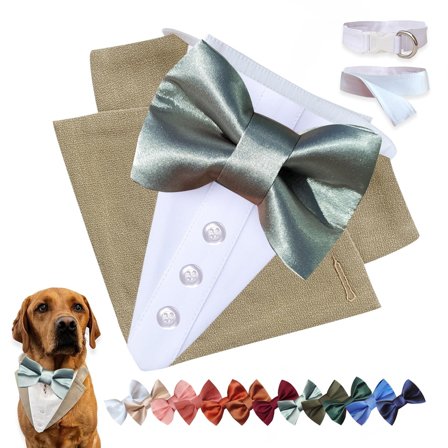 Custom-Fit Dog Tuxedo with Bow Tie & Lapel Uncut Cham Eyelet | Keyhole Fishtail Buttonhole Design | Optional Ring Bearer Clasp | Perfect Outfit for Wedding & Birthday by ACORD EU (Tan)