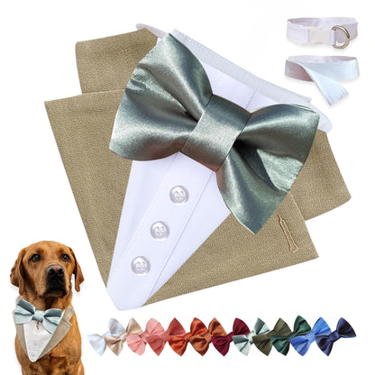 Custom-Fit Dog Tuxedo with Bow Tie & Lapel Uncut Cham Eyelet | Keyhole Fishtail Buttonhole Design | Optional Ring Bearer Clasp | Perfect Outfit for Wedding & Birthday by ACORD EU (Tan)