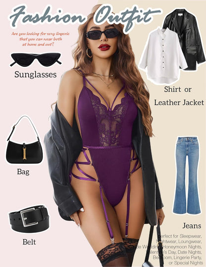 Avidlove Lingerie for Women Lace Lingerie Sets with Garter Belts One Piece Bodysuit Teddy No Stockings S-XXL