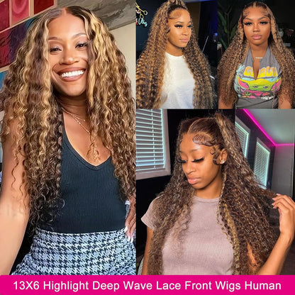 20Inch Deep Wave Lace Front Wigs Human Hair-13x4 HD Transparent Deep Wave Frontal Wigs Human Hair Glueless Curly Wigs for Women 200% Density Curly Lace Front Human Hair Pre Plucked with Baby Hair