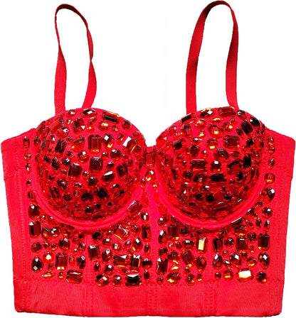 Women's Handmade Rhinestone Diamond Push up Bustier Crop Top Punk Corset Bra Vest
