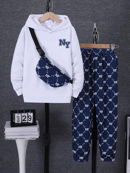 PureChapter Boys' Fashion 3Pcs Pullover Hoodies Sweatshirt Suit Crossbody Bag Stylish Clothes Kids Clothes