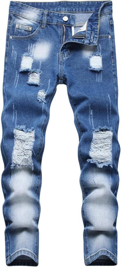 Boy's Ripped Jeans Stacked Skinny Fit Destroyed Distressed Fashion Comfy Denim Jeans Pants
