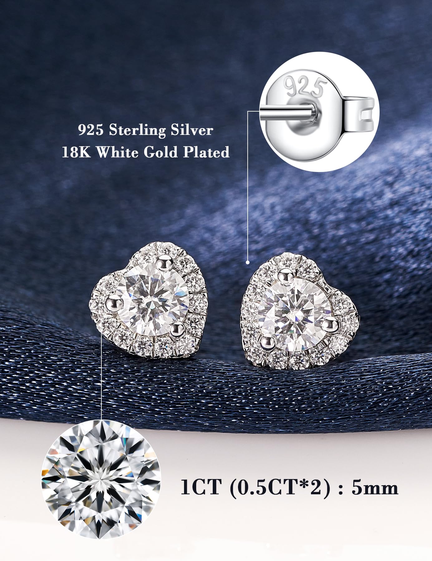 IMOLOVE Moissanite Stud Earrings for Women in Sterling Silver Hypoallergenic 1-3CT D Color Round Cut Moissante Earrings