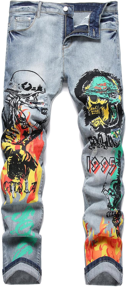 Baylvn Men's Casual Printed Slim Fit Jeans Skinny Denim Pants