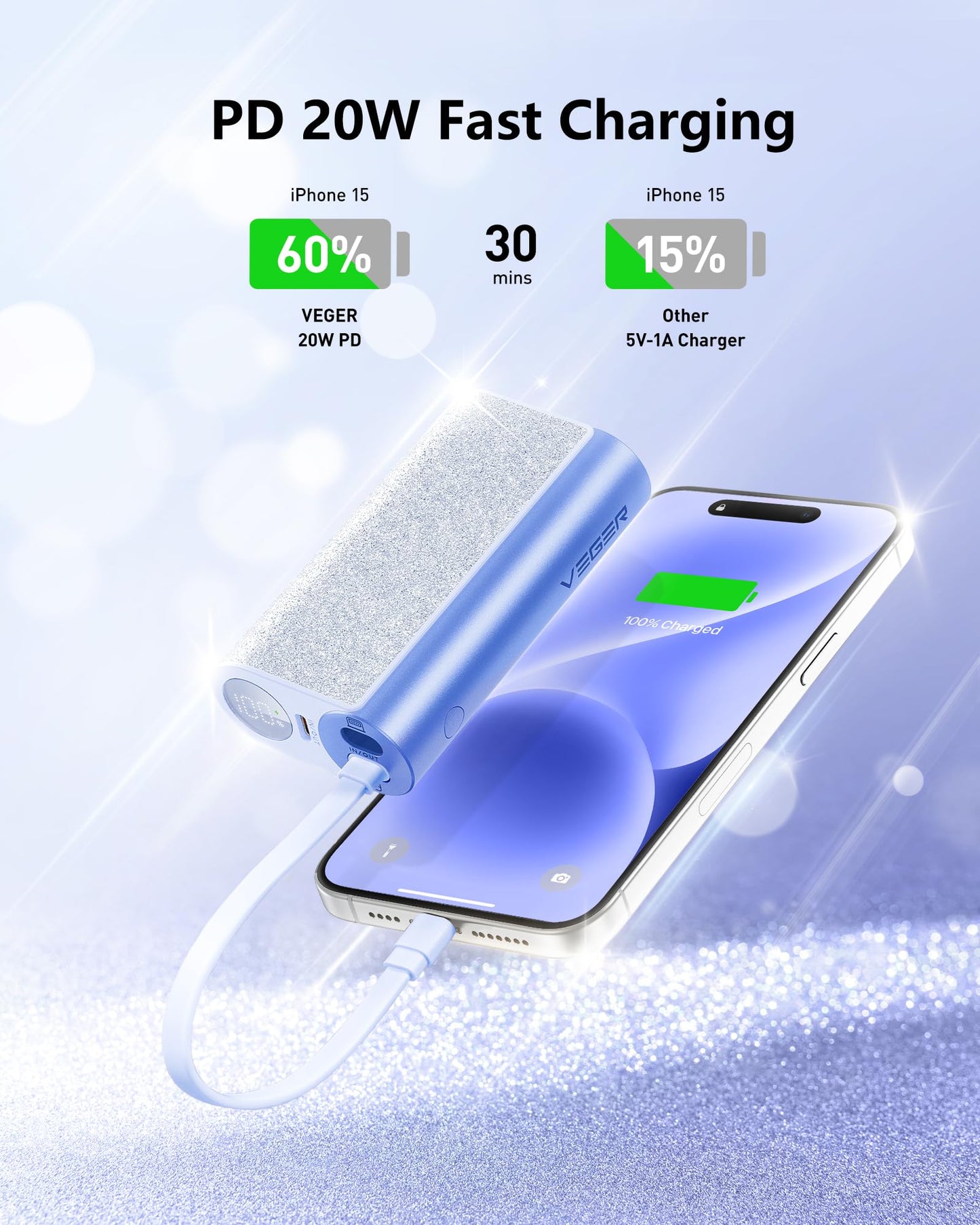VEGER Compact Portable Charger with Built in Cable(Removable), 10000mAh Cute Power Bank 20W Fast Charging, Sparkling Battery Pack Fashion Travel Accessory Compatible with iPhone 15/14, Android-Purple