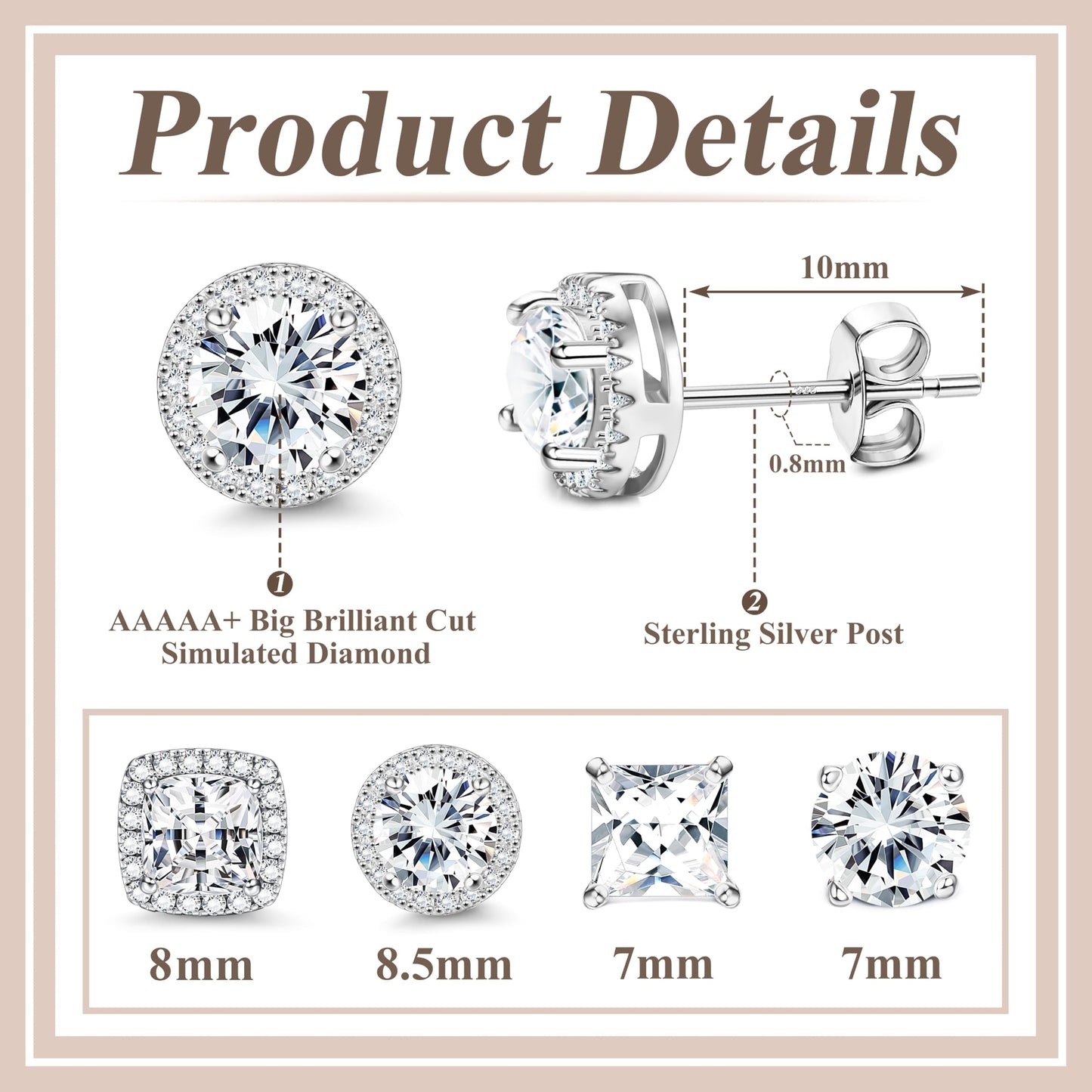 MILACOLATO Cubic Zirconia Stud Earrings for Women Men | 18K Gold Plated Hypoallergenic Sterling Silver Post Earrings | Big Brilliant Simulated Diamond CZ Halo Stud Earrings for Sensitive Ears
