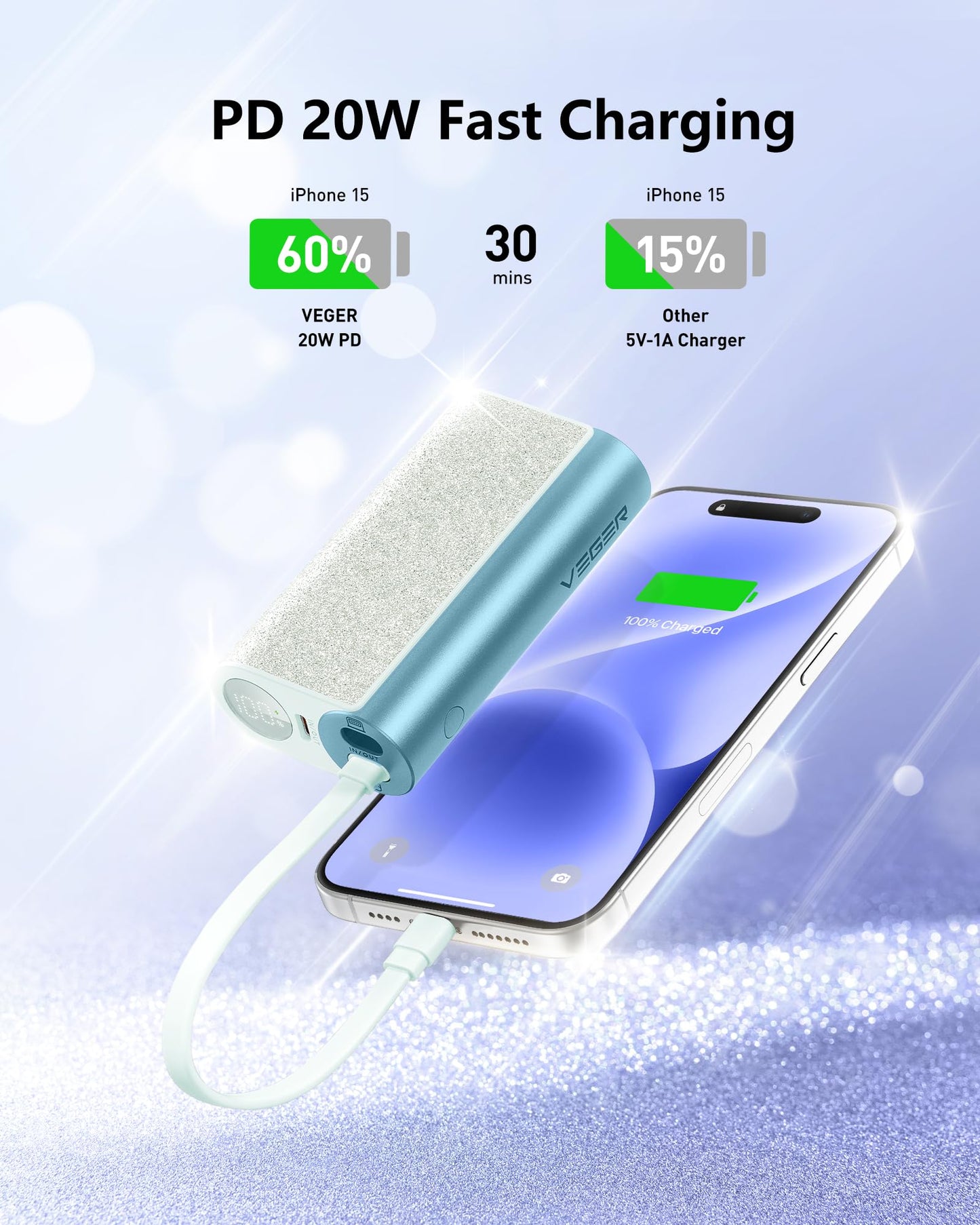 VEGER Compact Portable Charger with Built in Cable(Removable), 10000mAh Cute Power Bank 20W Fast Charging, Sparkling Battery Pack Fashion Travel Accessory Compatible with iPhone 15/14, Android-Purple