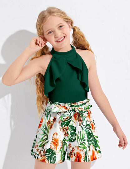 MIGU Girls Clothes Summer Halter Neck Ruffle Sleeveless Top Fashion Cute Floral Belt Shorts Two Piece Outfit Set Size 6-12