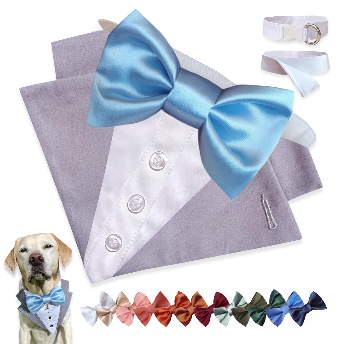 Custom-Fit Dog Tuxedo with Bow Tie & Lapel Uncut Cham Eyelet | Keyhole Fishtail Buttonhole Design | Optional Ring Bearer Clasp | Perfect Outfit for Wedding & Birthday by ACORD EU (Tan)