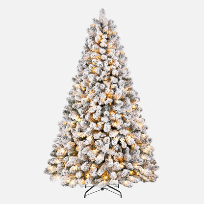 SHareconn 7.5ft Prelit Snow Flocked Spruce Artificial Christmas Tree with 350 Incandescent Warm White Lights, Foldable Stand, Snow Flocked Full Prelighted Xmas Tree W/1170 Branch Tips, 7.5 FT, White