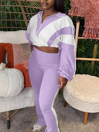 Women 2 Piece Outfit Long Sleeve Zip Up Crop Jacket High Waist Stretchy Pants