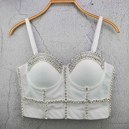 Women's Handmade Rhinestone Diamond Push up Bustier Crop Top Punk Corset Bra Vest