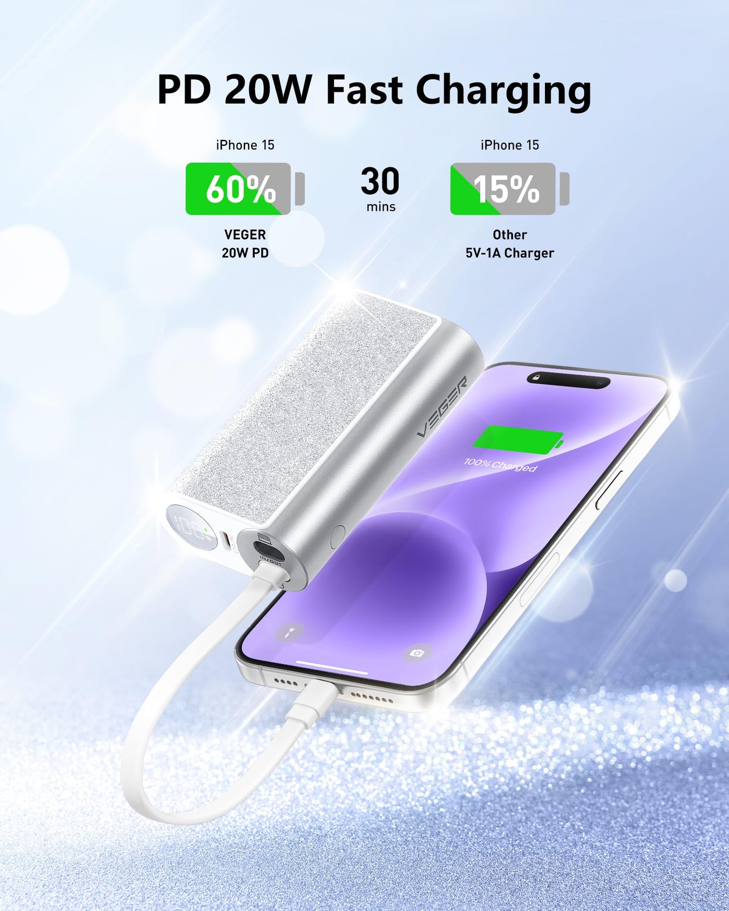VEGER Compact Portable Charger with Built in Cable(Removable), 10000mAh Cute Power Bank 20W Fast Charging, Sparkling Battery Pack Fashion Travel Accessory Compatible with iPhone 15/14, Android-Purple