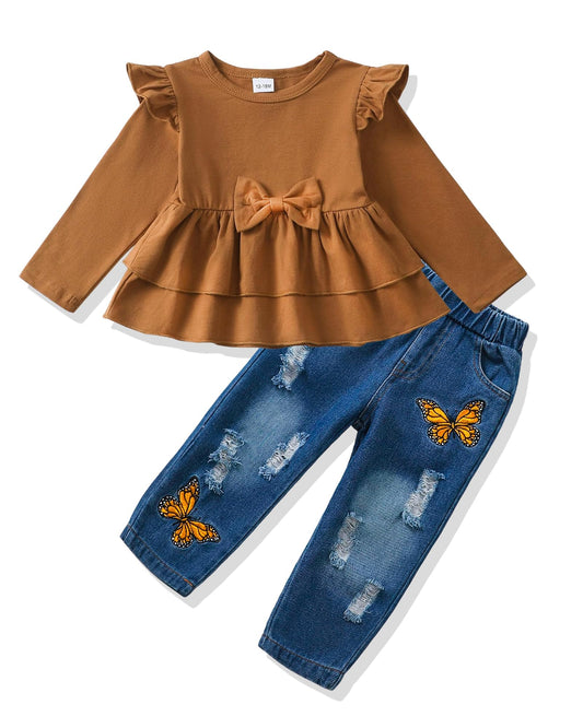 NZRVAWS Baby Girl Clothes Toddler Girl Outfits Infant Ruffle Shirt Denim Ripped Jeans Cute Clothing Set