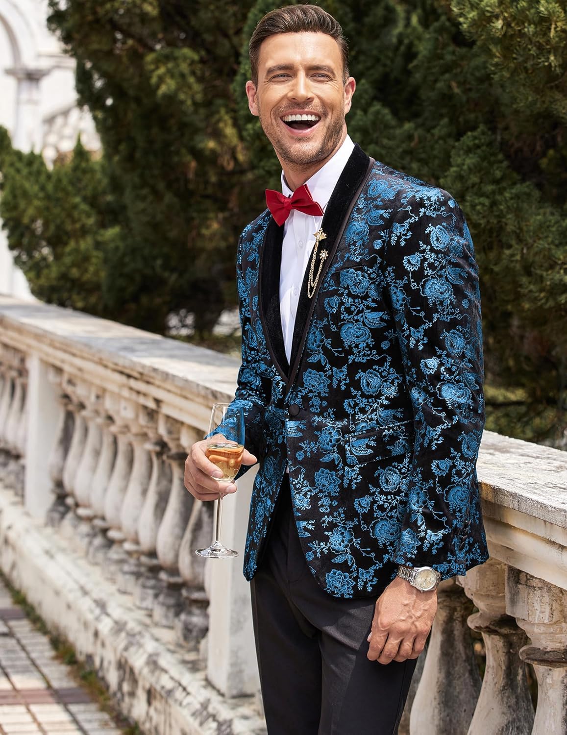 COOFANDY Men's Velvet Tuxedo Floral Blazer Jacket One Button Shawl Lapel Suit Jacket for Dinner Prom Party Wedding
