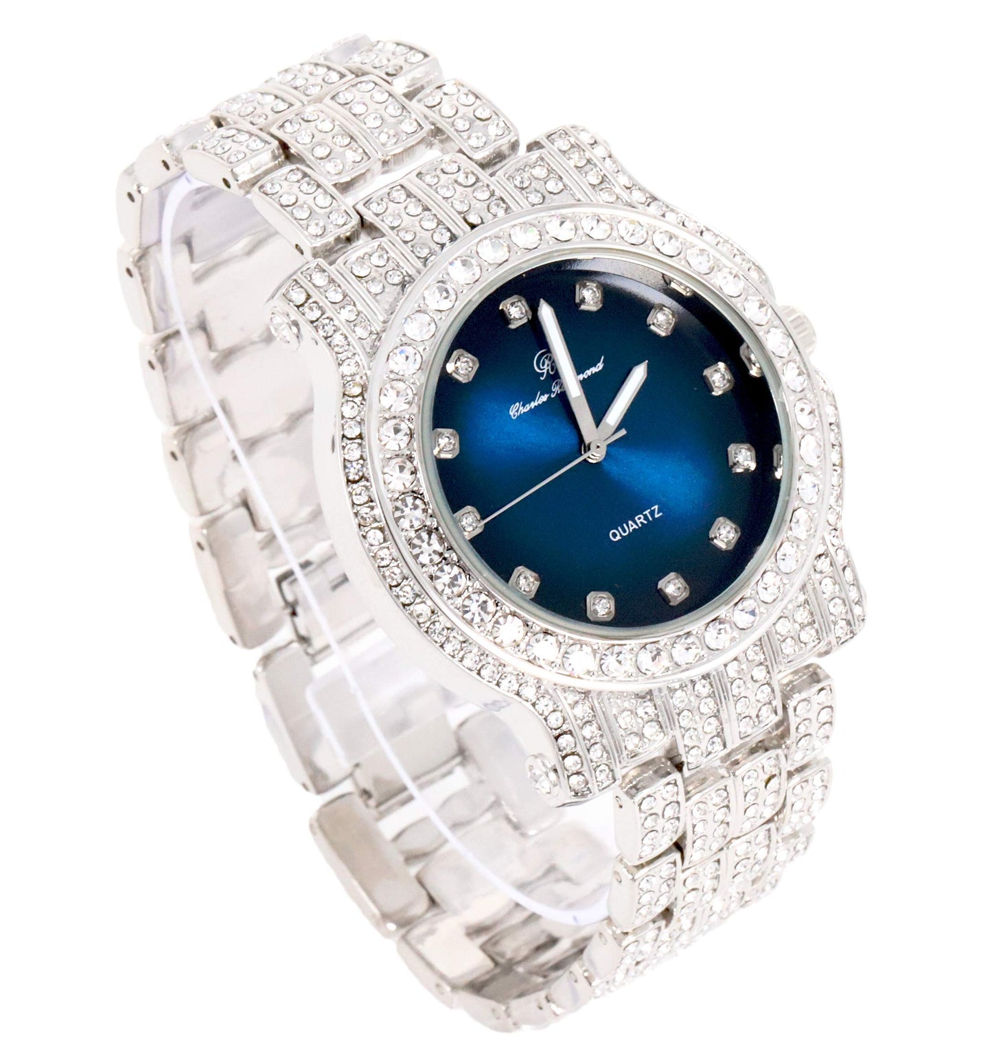 Charles Raymond Bling-ed Out Silver Round Luxury Mens Watch w/Bling-ed Out Bracelet - L0504B