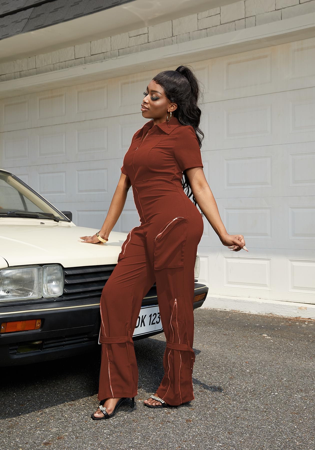 LKOUS Cargo Jumpsuits for Women Dressy, Sexy Short Sleeves V Neck Zipper One Piece Outfits with Pockets