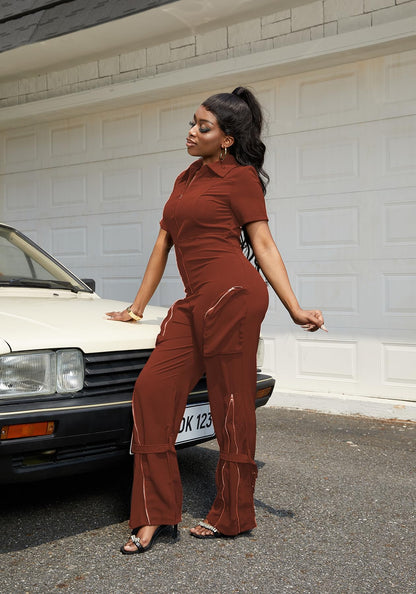 LKOUS Cargo Jumpsuits for Women Dressy, Sexy Short Sleeves V Neck Zipper One Piece Outfits with Pockets