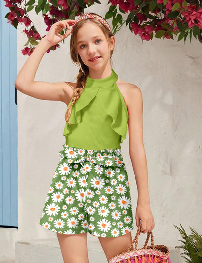 MIGU Girls Clothes Summer Halter Neck Ruffle Sleeveless Top Fashion Cute Floral Belt Shorts Two Piece Outfit Set Size 6-12