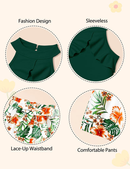 MIGU Girls Clothes Summer Halter Neck Ruffle Sleeveless Top Fashion Cute Floral Belt Shorts Two Piece Outfit Set Size 6-12