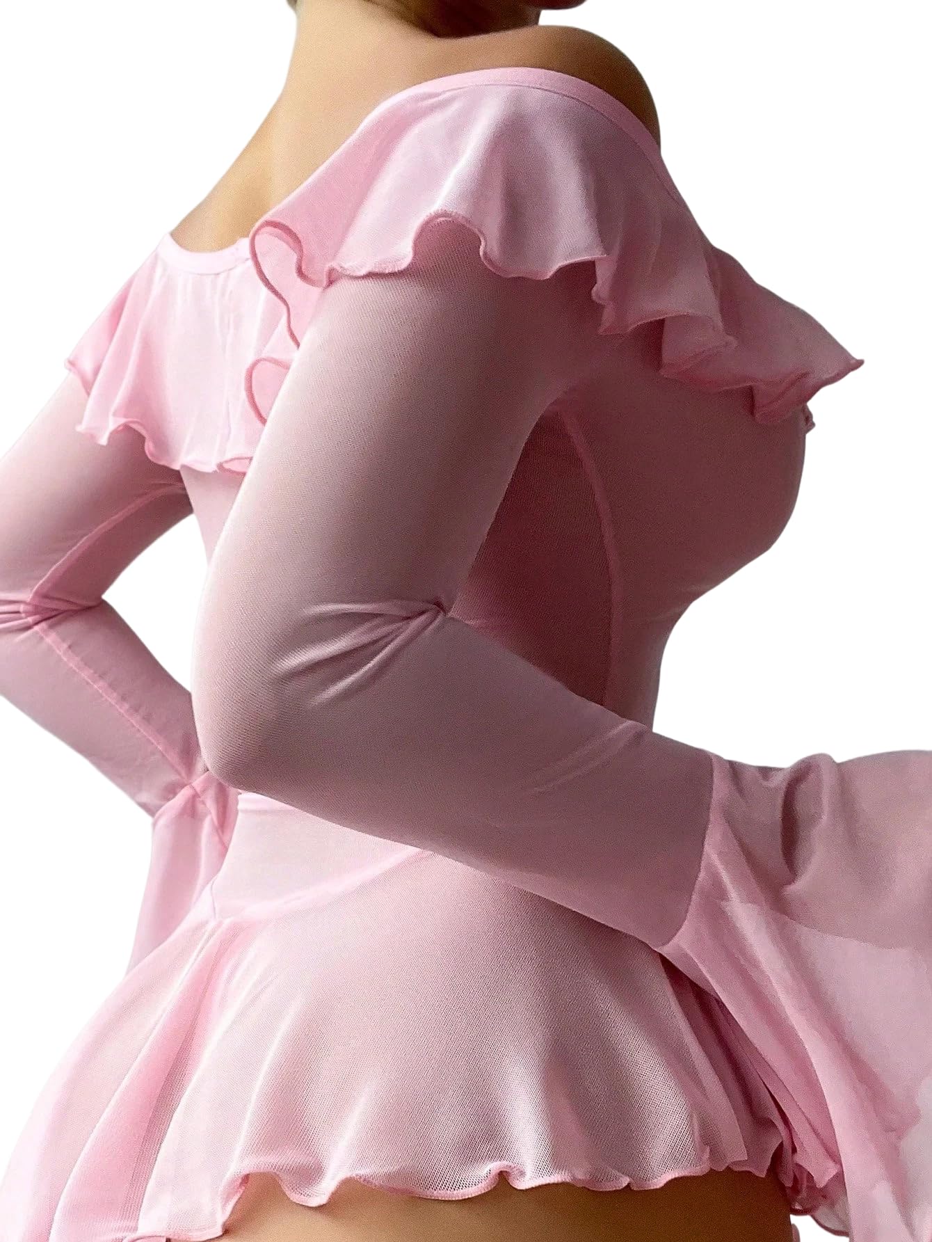 Sexy Lingerie for Women Rave Outfits Clubwear See Through Lingerie Sets Bell Sleeve Ruffle Mesh Tops