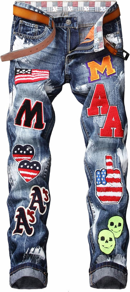 Baylvn Men's Designer Straight Slim Fit Patchwork Jeans Comfort Skinny Biker Denim Pants