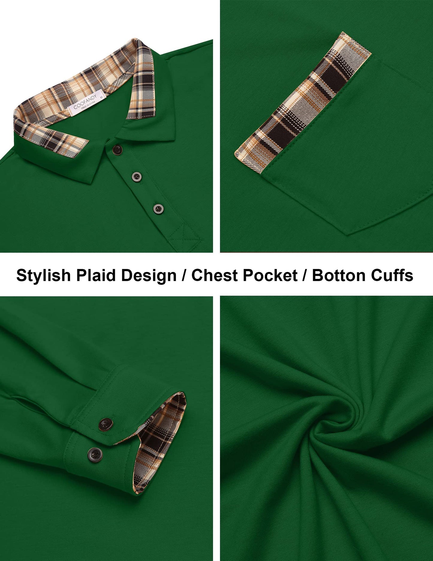 COOFANDY Men's Casual Polo Shirt Long Sleeve Classic Plaid Button Tees with Pockets