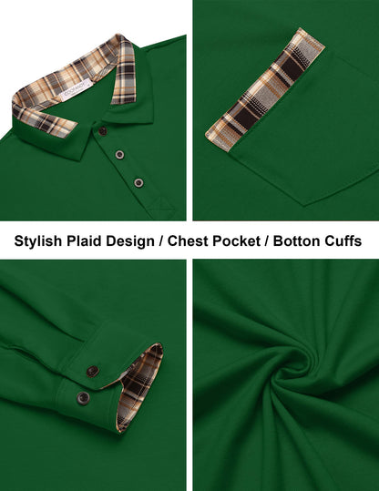 COOFANDY Men's Casual Polo Shirt Long Sleeve Classic Plaid Button Tees with Pockets