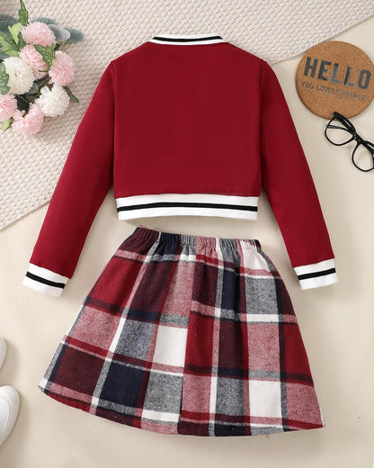 Girls 2 Piece Outfits Skirt Set Button up Jacket Sweatshirt and Pleated Mini Skirts Fall Winter Clothes Size 7-14Y