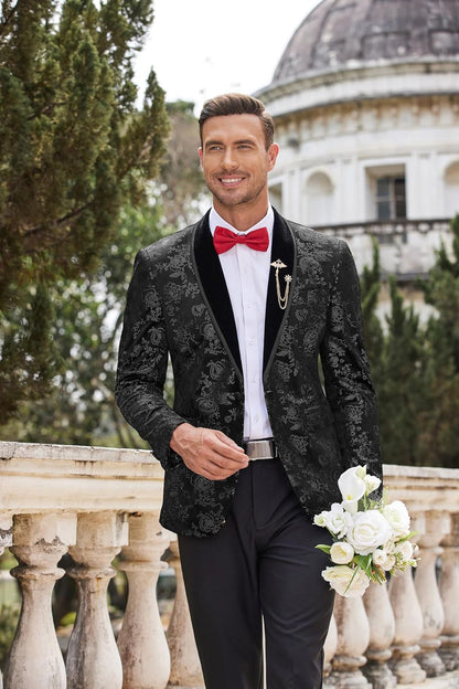 COOFANDY Men's Velvet Tuxedo Floral Blazer Jacket One Button Shawl Lapel Suit Jacket for Dinner Prom Party Wedding