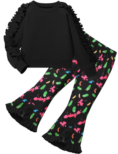 Toddler Girl Clothes Camo Girls Outfits Ruffle Sleeve Tops + Bell Bottom Flared Pants 2 Piece Winter Sweatsuit 2-10T