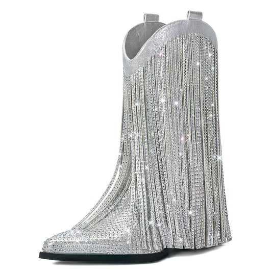Fringe Cowboy Boots for Women – Mid Calf Cowgirl Boots with Star Studded, Pointed Toe and Chunky Heel, Perfect for Country Music Festivals