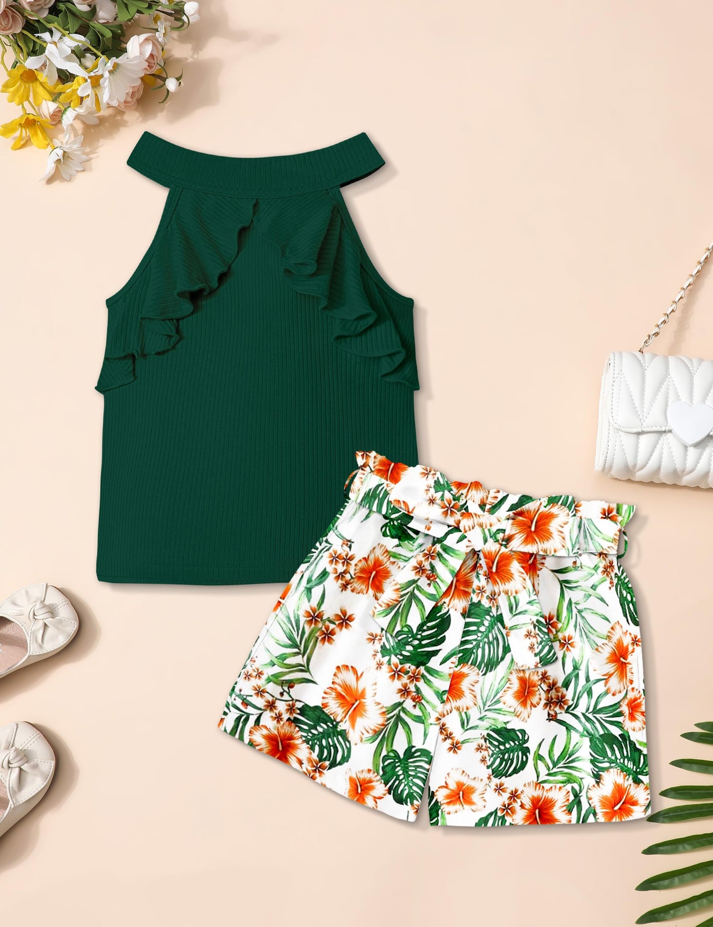 MIGU Girls Clothes Summer Halter Neck Ruffle Sleeveless Top Fashion Cute Floral Belt Shorts Two Piece Outfit Set Size 6-12