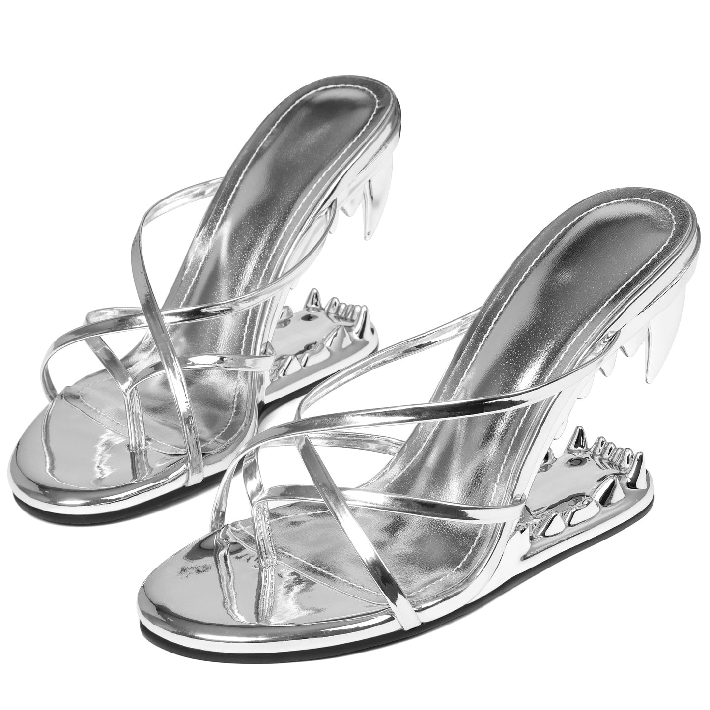 Goiphrri Wedge Sandals for Women Strappy Heels Round Open Toe Heels Metallic Shark Tiger Teeth heeled Sandals Flip Flops Thong Womens Mules Slip on Party Dress Wedding Ceremony