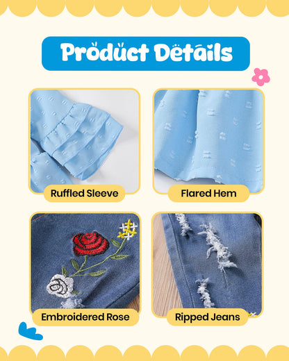 NZRVAWS Baby Girl Clothes Toddler Girl Outfits Infant Ruffle Shirt Denim Ripped Jeans Cute Clothing Set