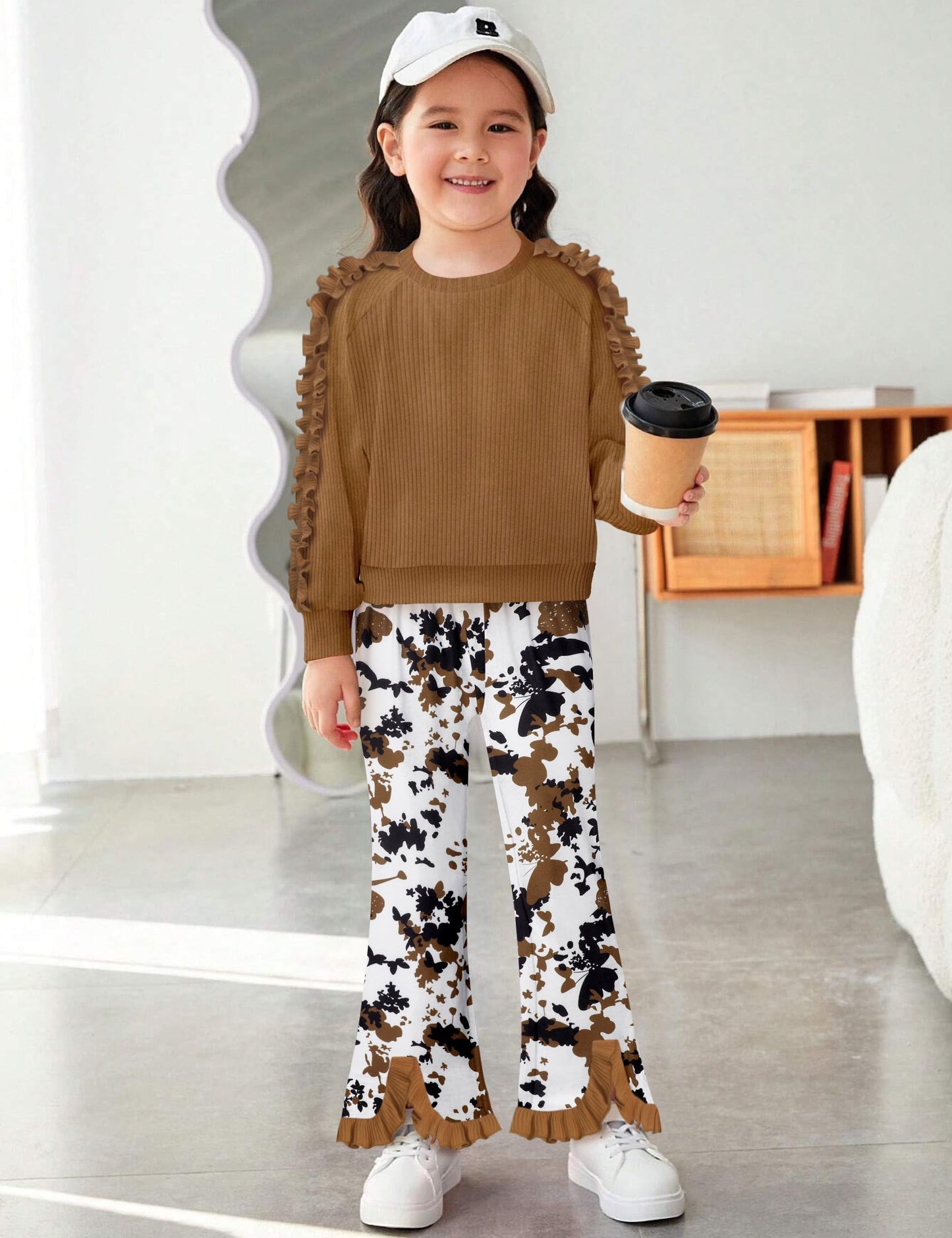 Toddler Girl Clothes Camo Girls Outfits Ruffle Sleeve Tops + Bell Bottom Flared Pants 2 Piece Winter Sweatsuit 2-10T