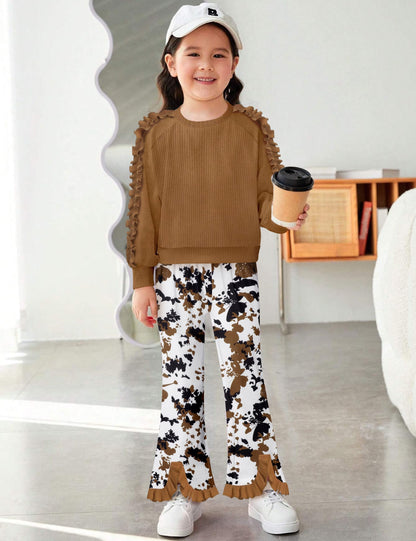 Toddler Girl Clothes Camo Girls Outfits Ruffle Sleeve Tops + Bell Bottom Flared Pants 2 Piece Winter Sweatsuit 2-10T