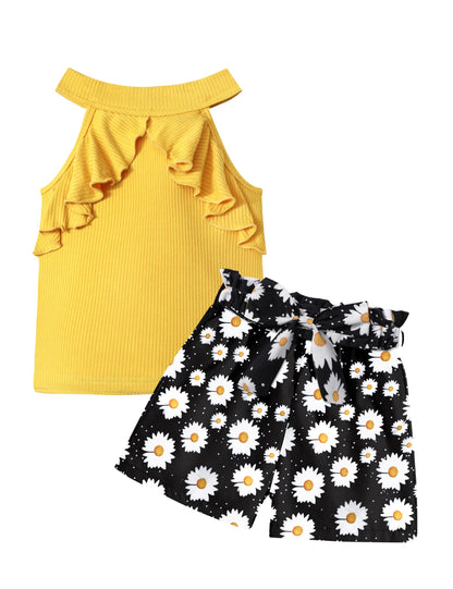 MIGU Girls Clothes Summer Halter Neck Ruffle Sleeveless Top Fashion Cute Floral Belt Shorts Two Piece Outfit Set Size 6-12