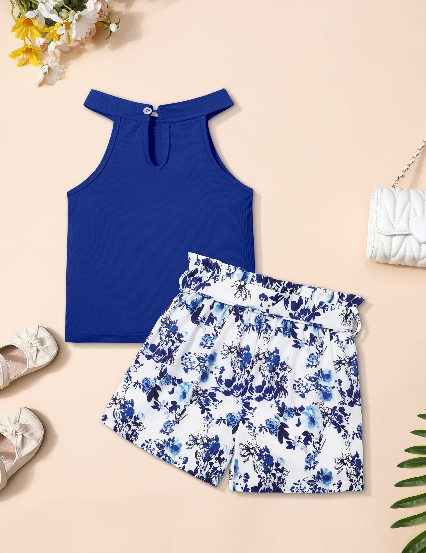 MIGU Girls Clothes Summer Halter Neck Ruffle Sleeveless Top Fashion Cute Floral Belt Shorts Two Piece Outfit Set Size 6-12