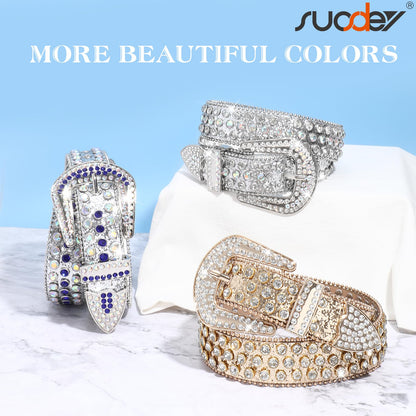 SUOSDEY Rhinestone Belt Unisex Sequin Strap Bling Crystal Western Studs Glitter Luxury Belt for Jeans Pants Dress