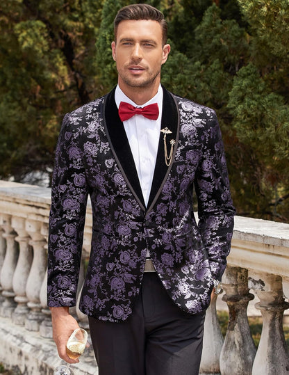 COOFANDY Men's Velvet Tuxedo Floral Blazer Jacket One Button Shawl Lapel Suit Jacket for Dinner Prom Party Wedding