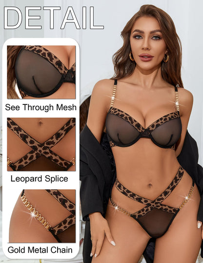 Avidlove Sexy Lingerie Set Mesh See Through Underwire Bra Panty Set Leopard Splice Push Up Lingerie with Chain