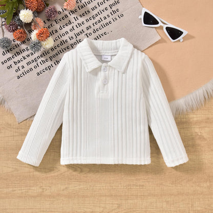 HINTINA Toddler Little Girl Sleeveless Button Vest Ribbed Long Sleeve Collar Top And Pleated Skirt With Belt