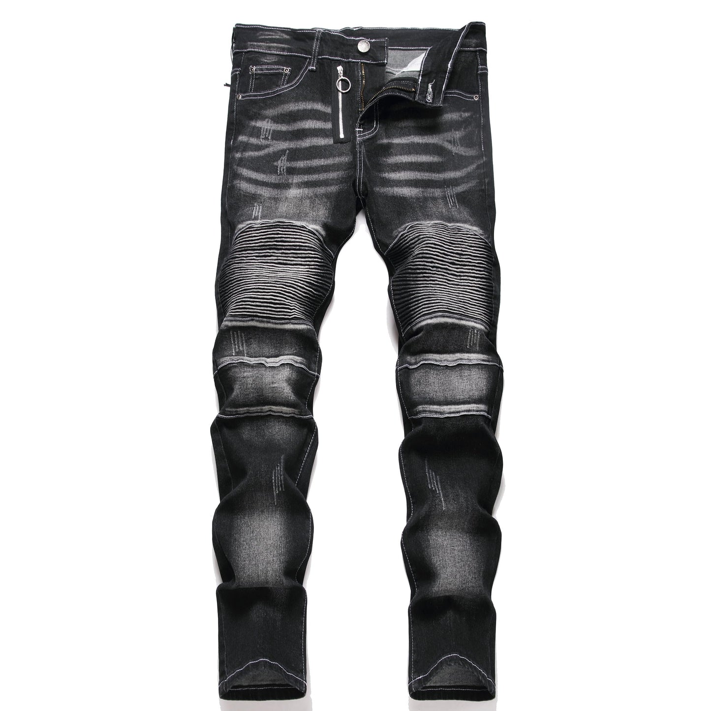 XIMXIMMTIAN Men's Biker Moto Washed Distressed Slim Fit Straight Jeans Denim