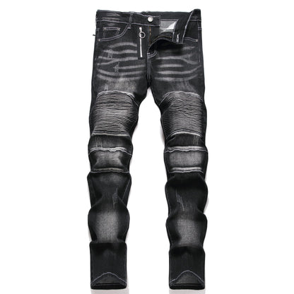XIMXIMMTIAN Men's Biker Moto Washed Distressed Slim Fit Straight Jeans Denim